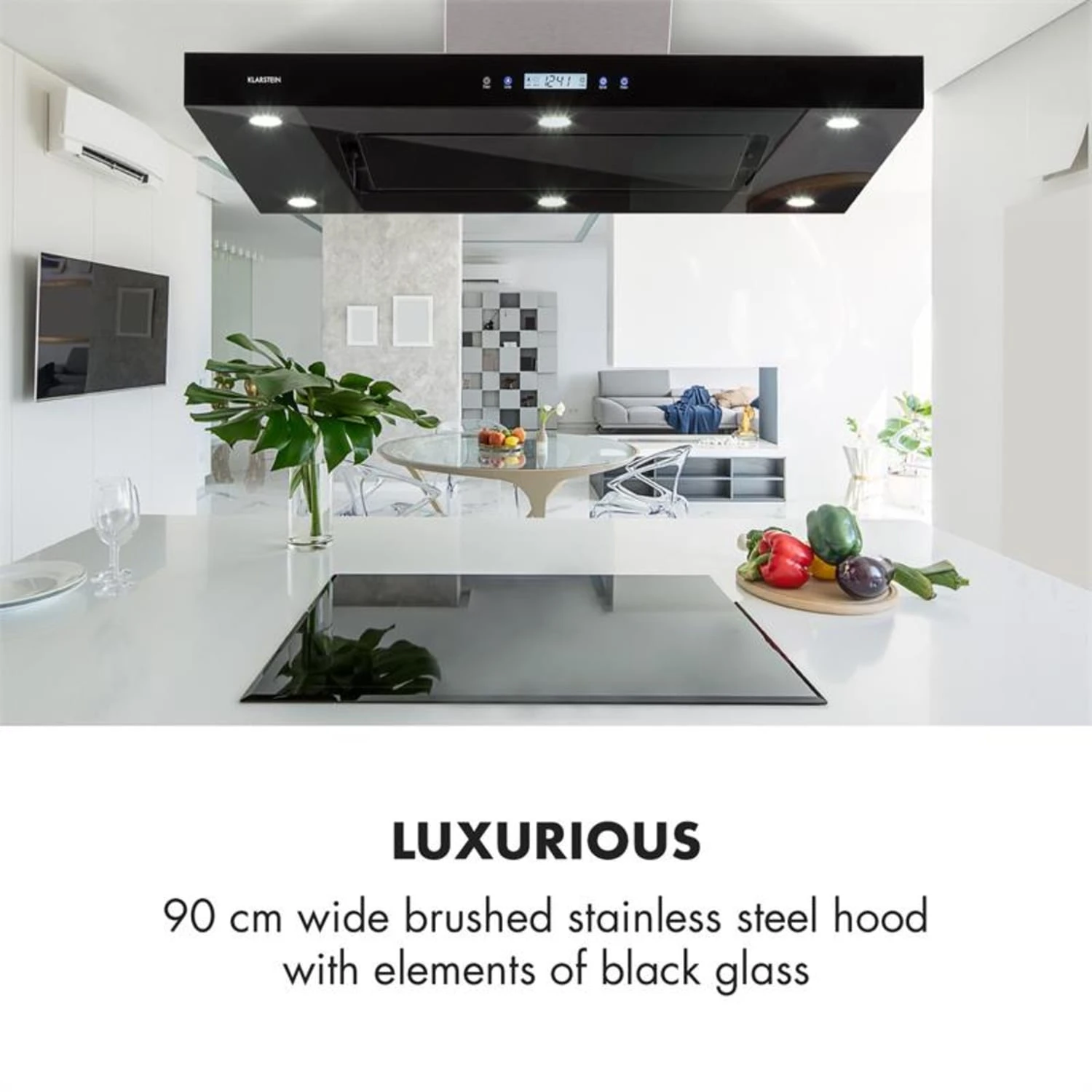 Valeria Inselabzugshaube 90cm 650m³/h Abluft Touch LED Glas Edelstahl – Bild 8