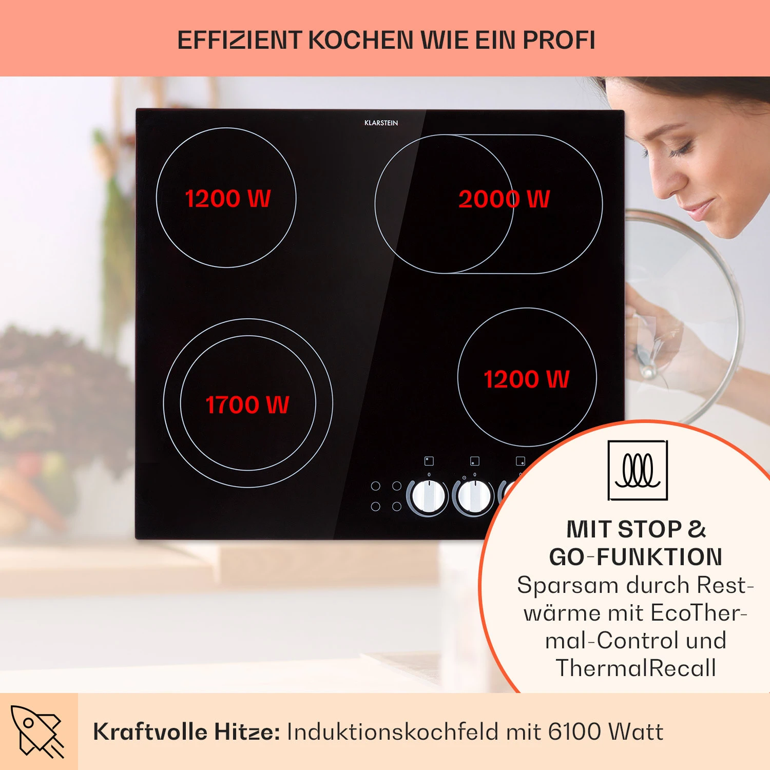 EasyCook Keramikkochfeld 6100W Drehregler Schwarz – Bild 3