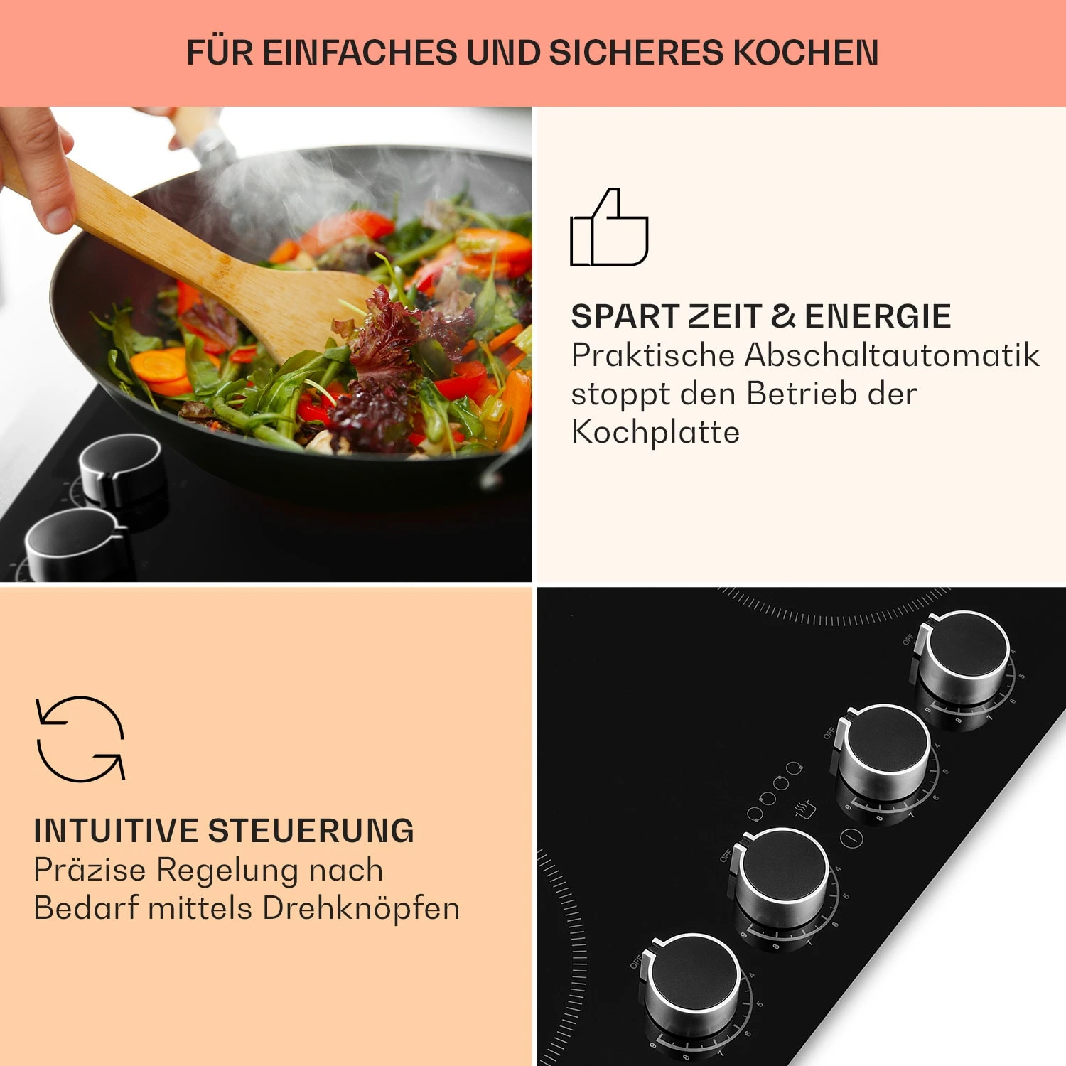 Kochheld 4-Zonen-Induktionskochfeld 6000W Dreh-Regler Glas Schwarz – Bild 4