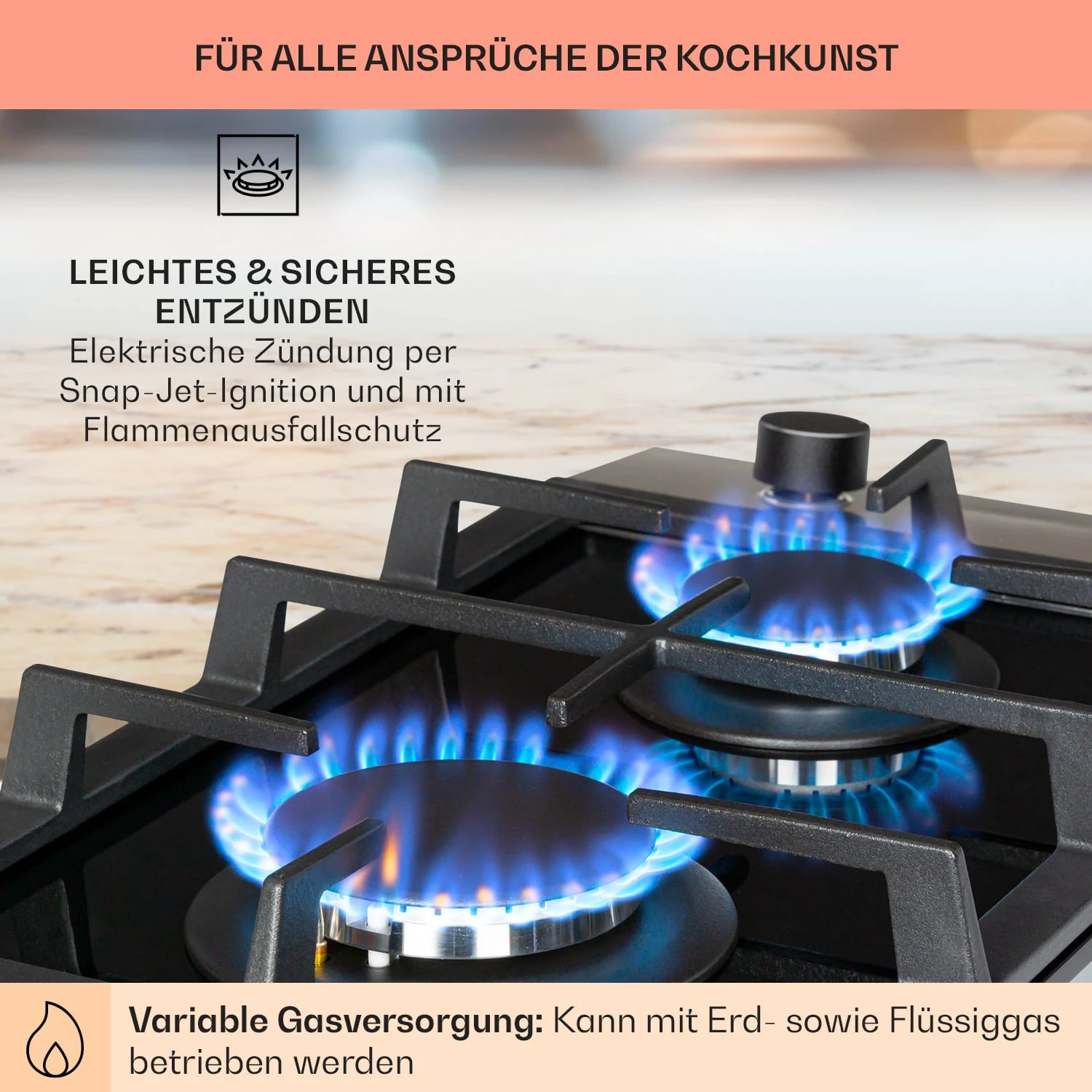 Alchemist Domino Gaskochfeld 2-flammig Aluminium-Brenner Glaskeramik – Bild 5