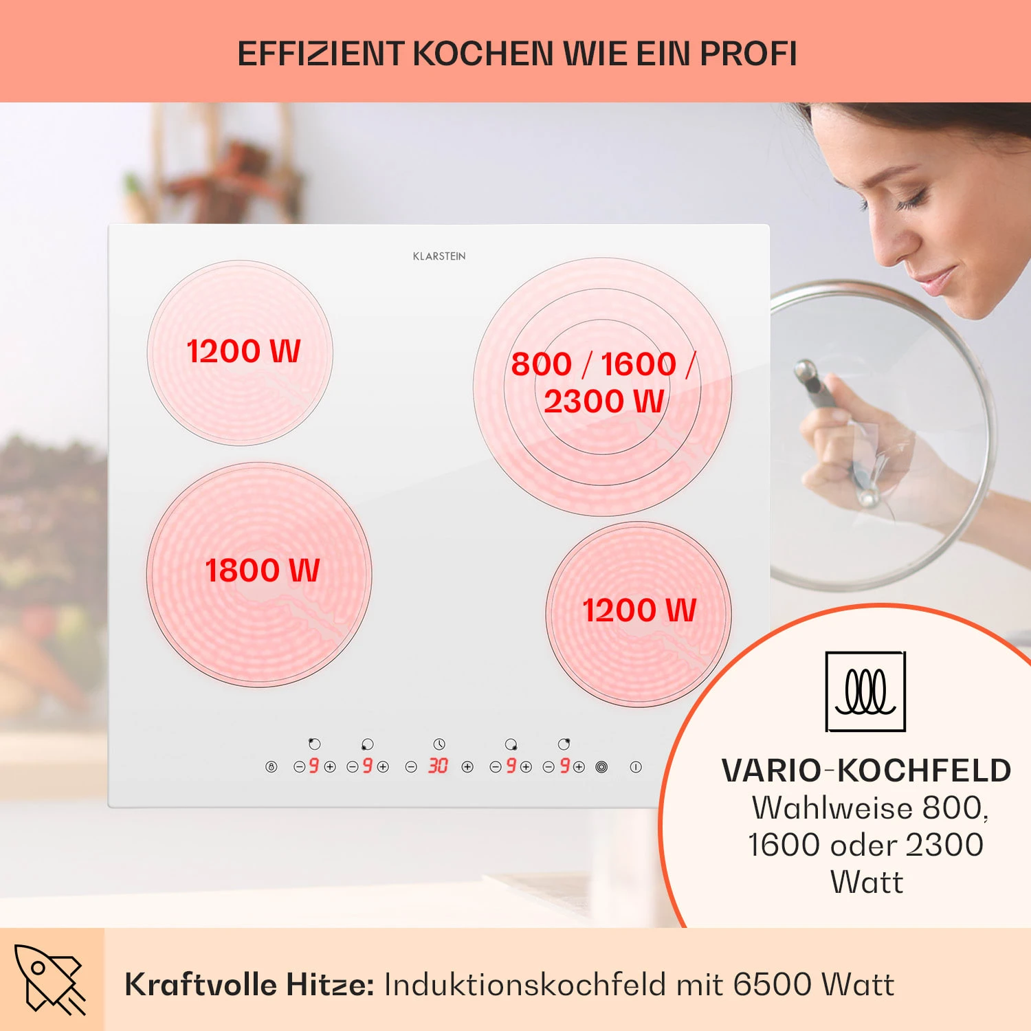 Virtuosa 4 Einbaukochfeld 4 Zonen 6500W Glaskeramik – Bild 3