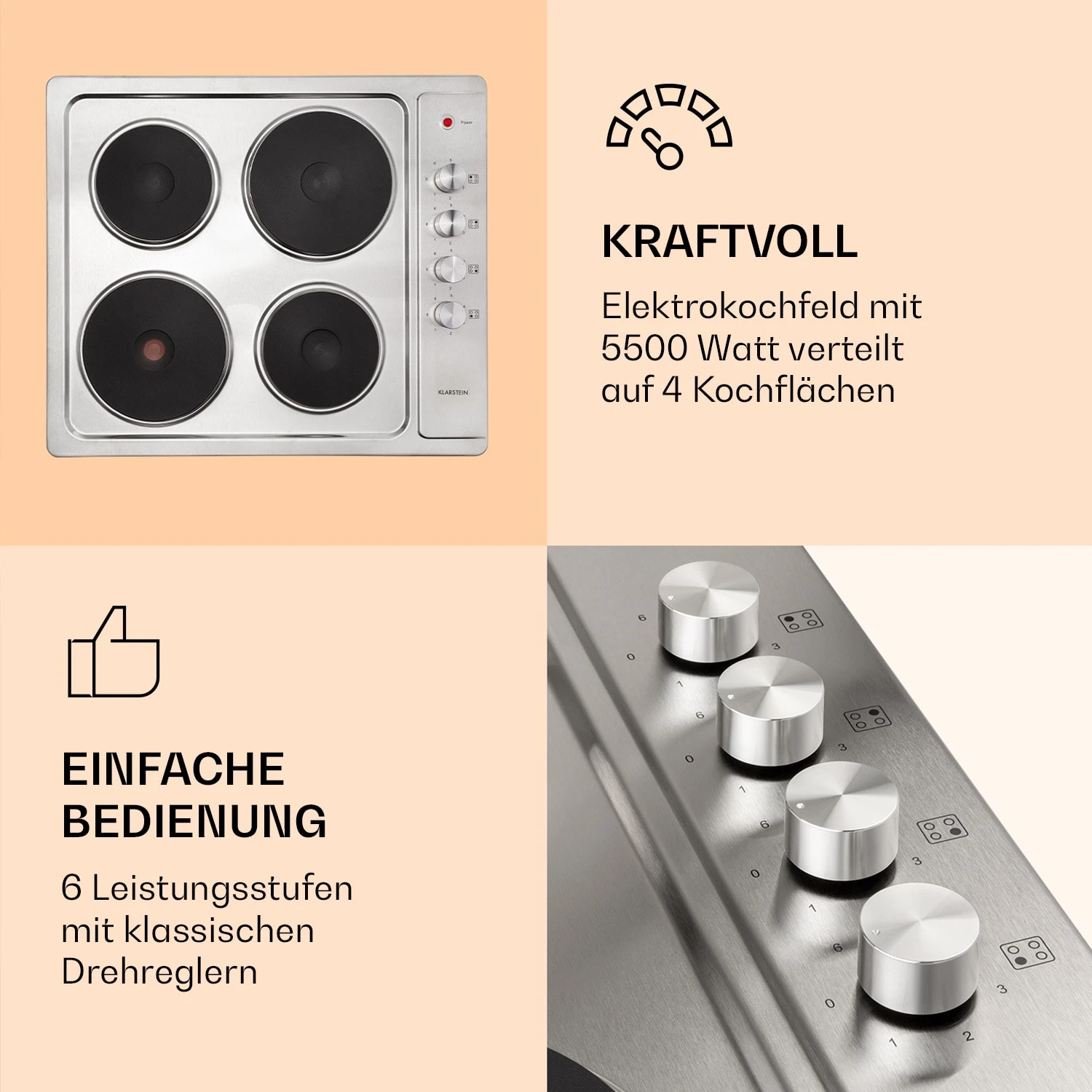 Appetito 4 Elektrokochfeld 4 Platten 6 Stufen 5500 Watt Edelstahl – Bild 3