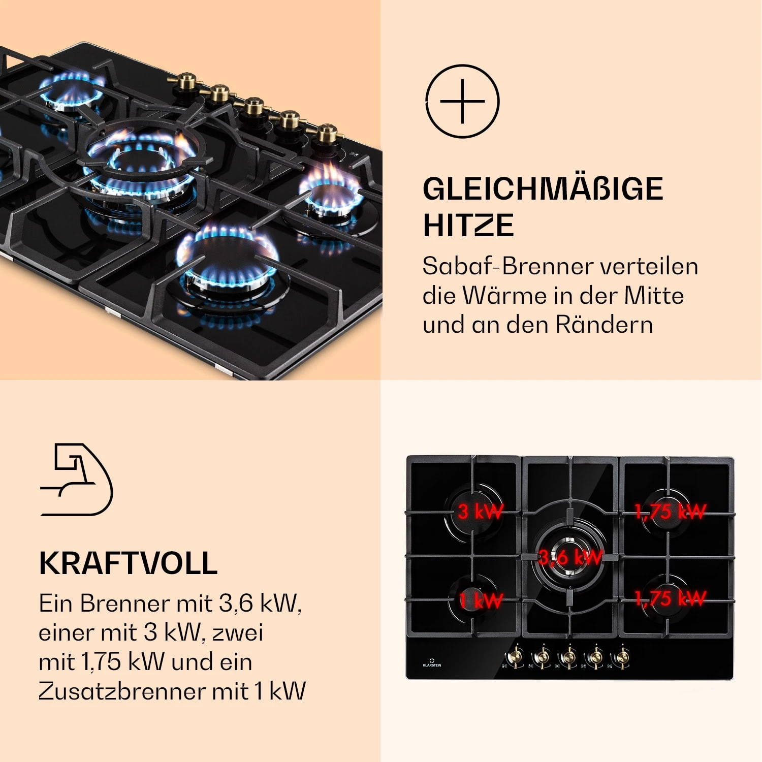 Victoria 5 Gaskochfeld 5-flammig Sabaf-Brenner Glaskeramik Retro-Look – Bild 3