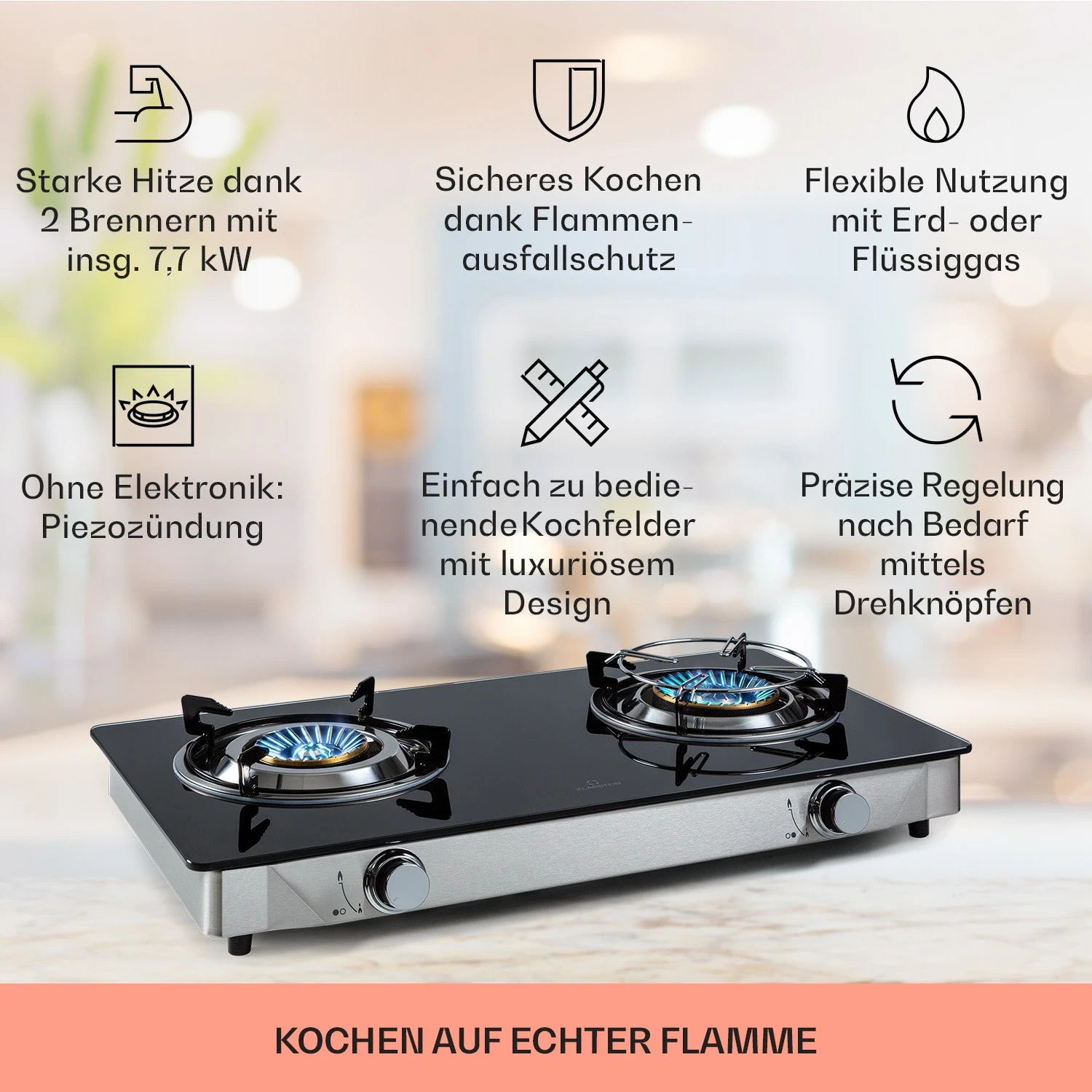 Barzona 2 Campingkocher 2 Brenner 3,4 KW & 4,3 KW Glasplatte Edelstahl – Bild 2