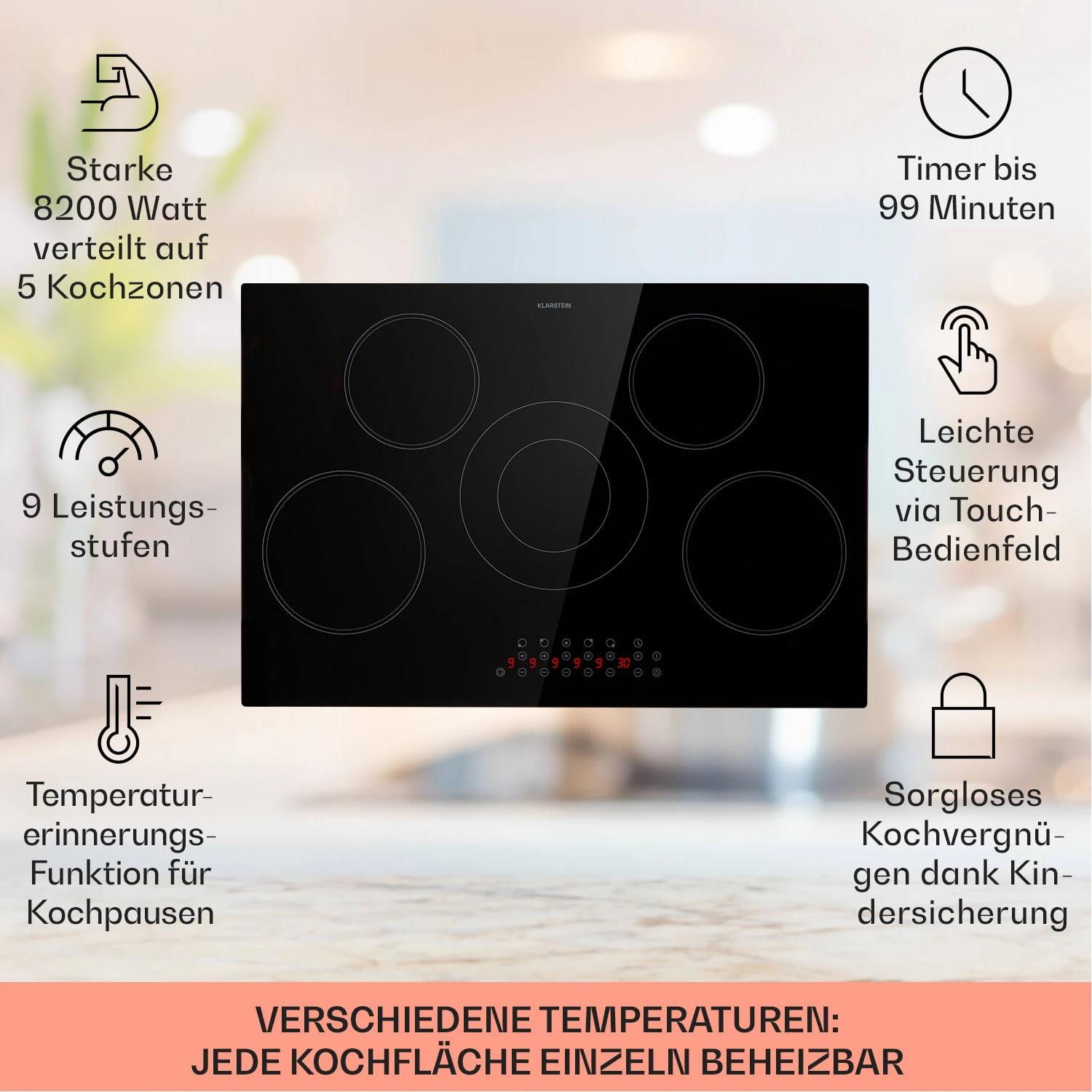 Virtuosa 5 Einbaukochfeld 5 Zonen 8200W Glaskeramik – Bild 2