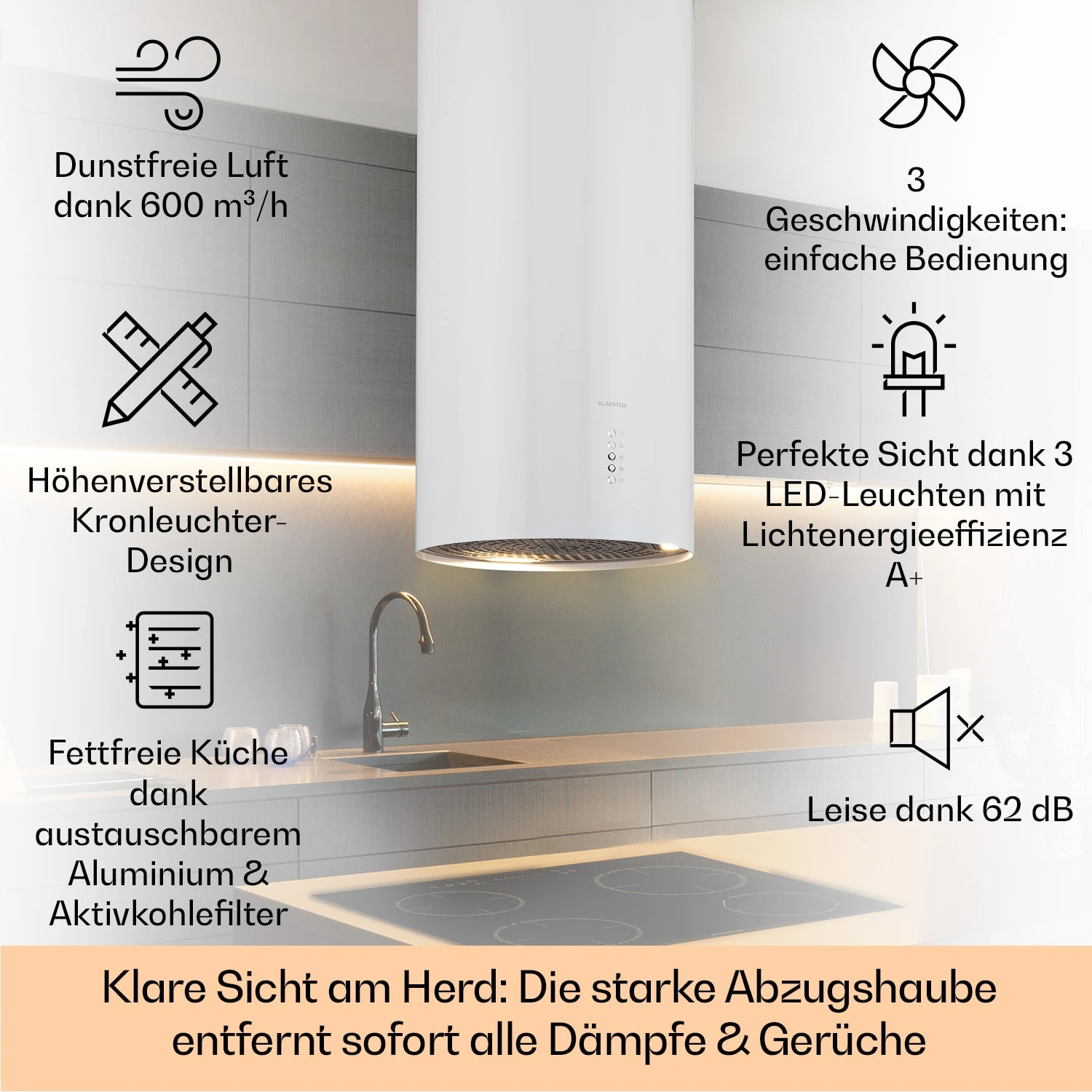 Bolea Inselabzugshaube Ø38cm Ab-/Umluft 600m³/h LED Inkl. Aktivkohlefilter – Bild 2