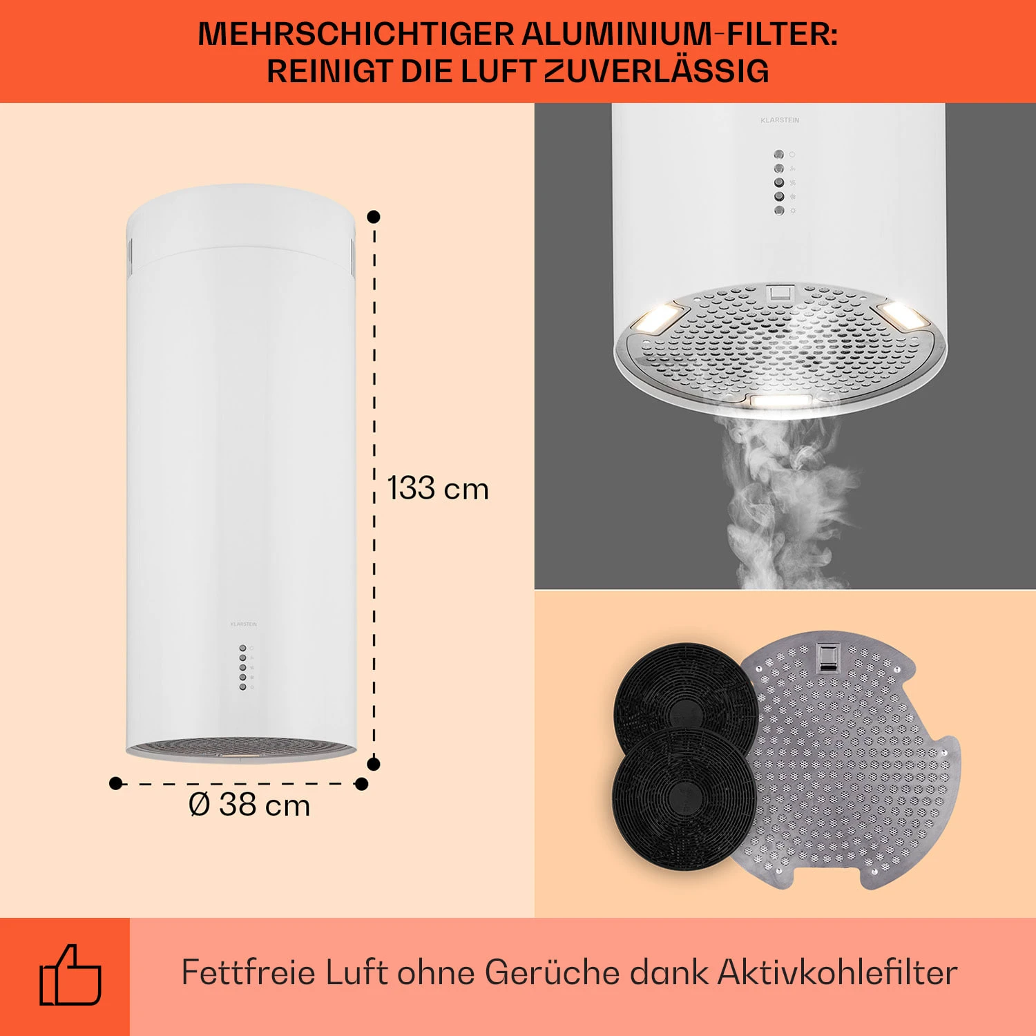 Bolea Inselabzugshaube Ø38cm Ab-/Umluft 600m³/h LED Inkl. Aktivkohlefilter – Bild 5