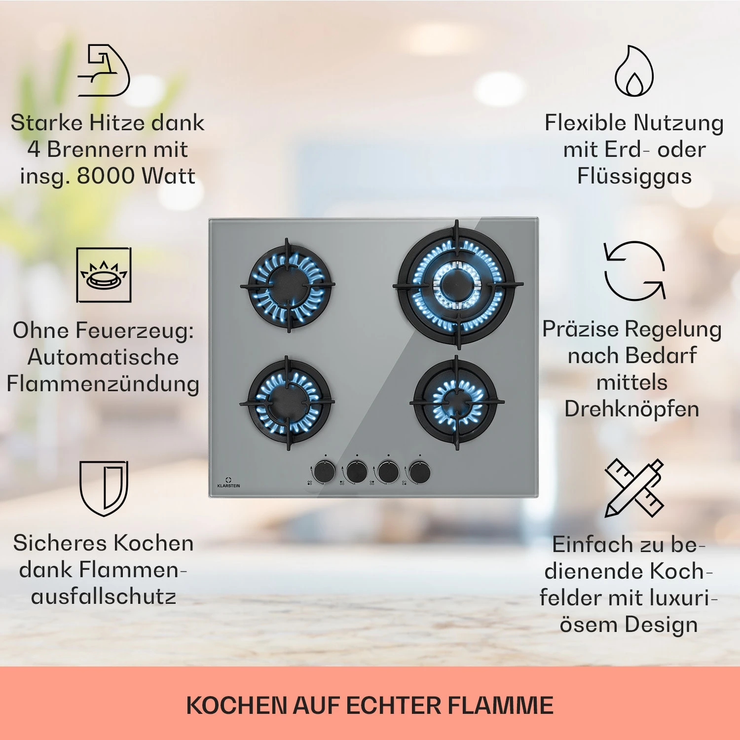 Firetale Gaskochfeld 4-flammig 60 Cm Aluminium-Brenner Inkl. Schlauch Und Druckminderer – Bild 2