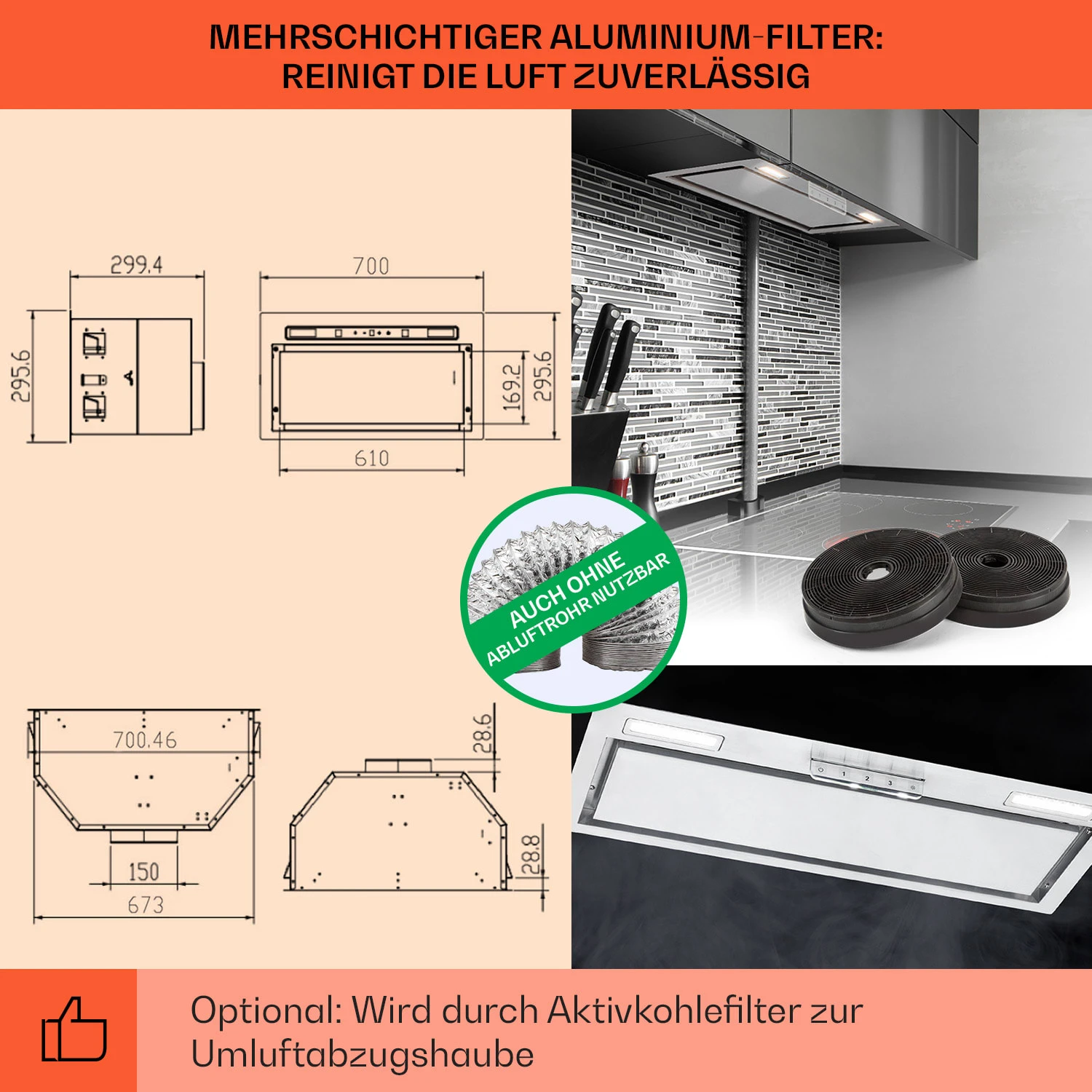 Camila Dunstabzugshaube Einbau 70 Cm 397 M³/h LED Touch Edelstahl – Bild 5