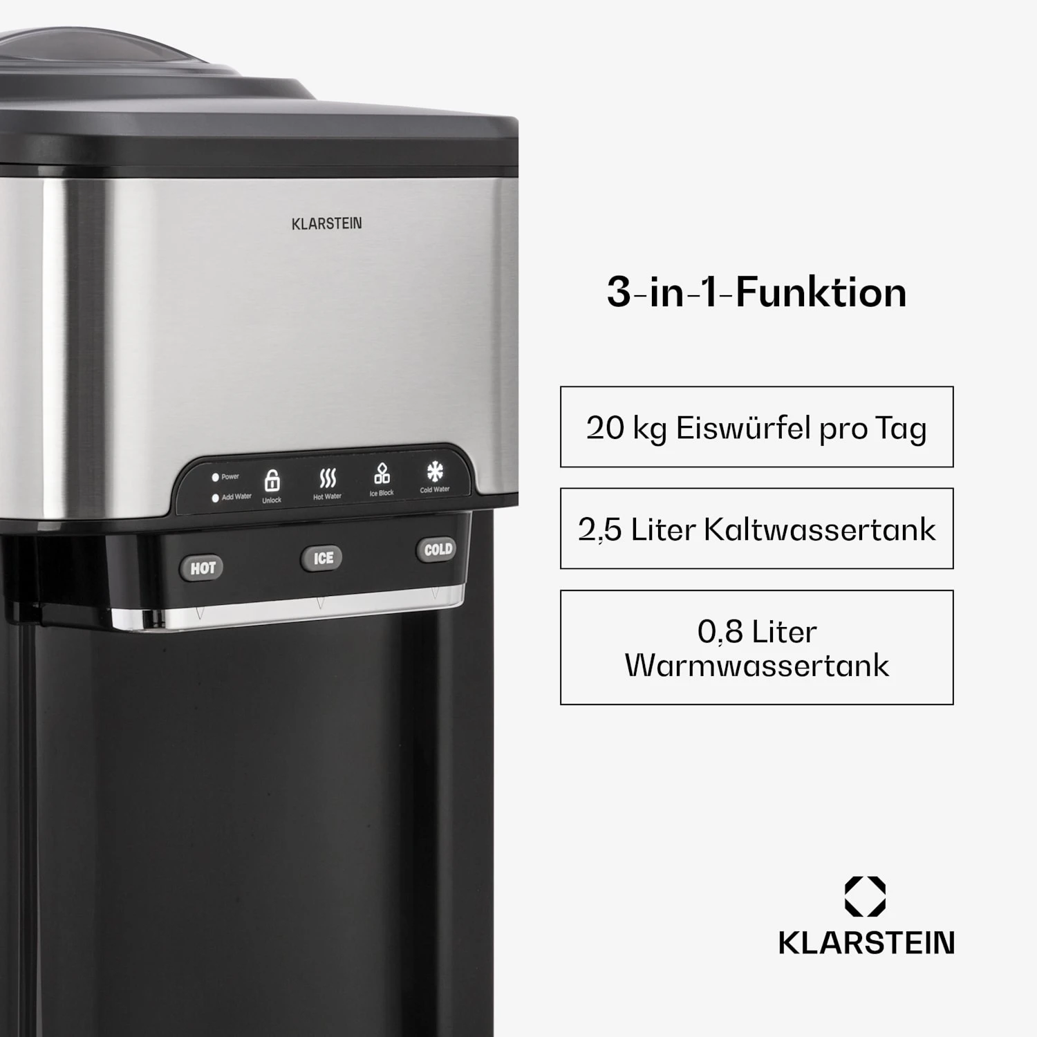 Aqueous Eiswürfelmaschine 3-in-1: Eiswürfel, Wasserspender: Heiß & Kalt 20 Kg/24h – Bild 2