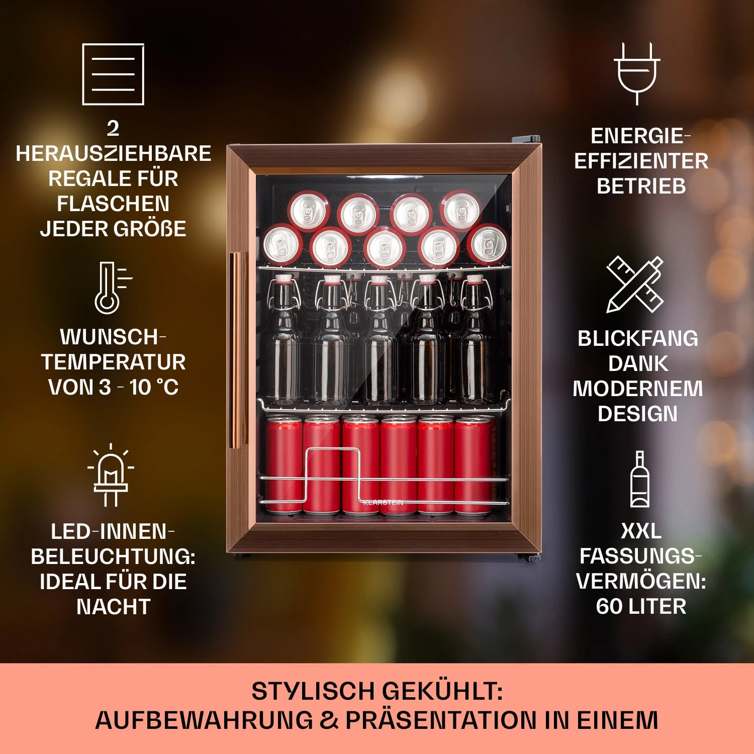 Beersafe XL Kühlschrank 60 Liter 2 Böden Doppelt Isolierte Panoramaglastür Edelstahl – Bild 2