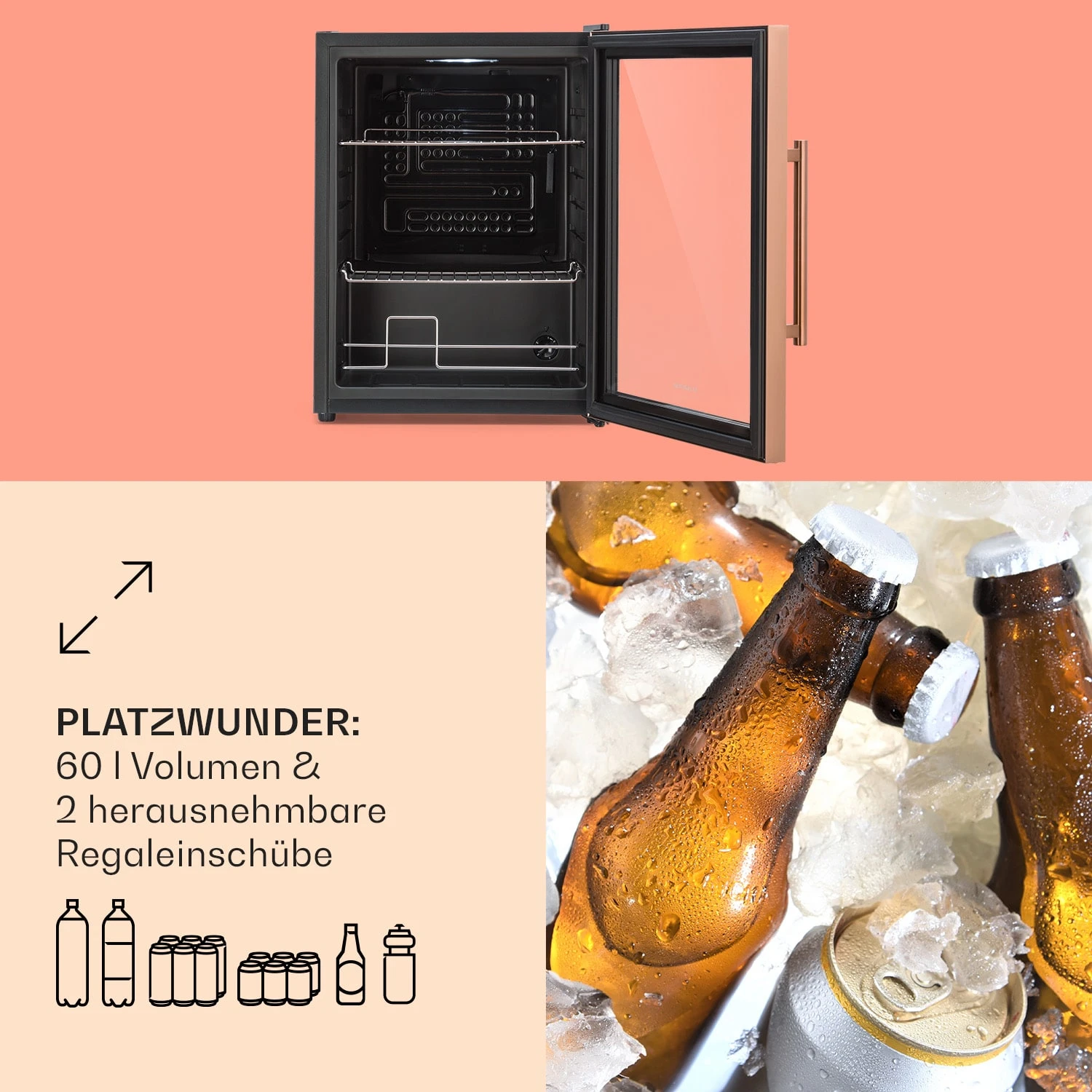 Beersafe XL Kühlschrank 60 Liter 2 Böden Doppelt Isolierte Panoramaglastür Edelstahl – Bild 5